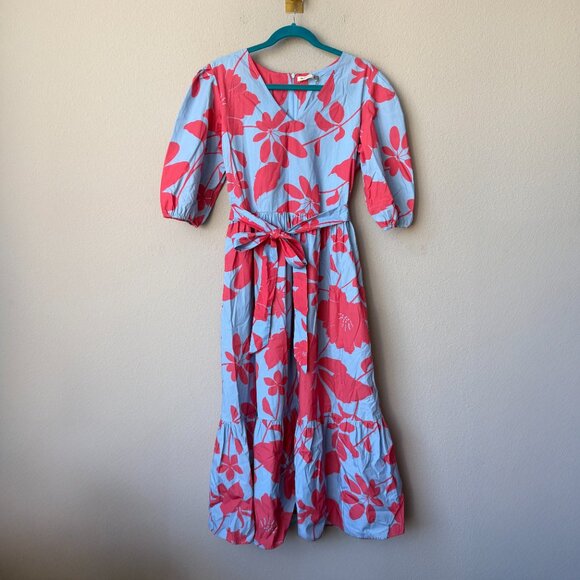 Maude Vivante Molly Blue Pink Floral Cotton Maxi Dress Size L - Picture 2 of 4